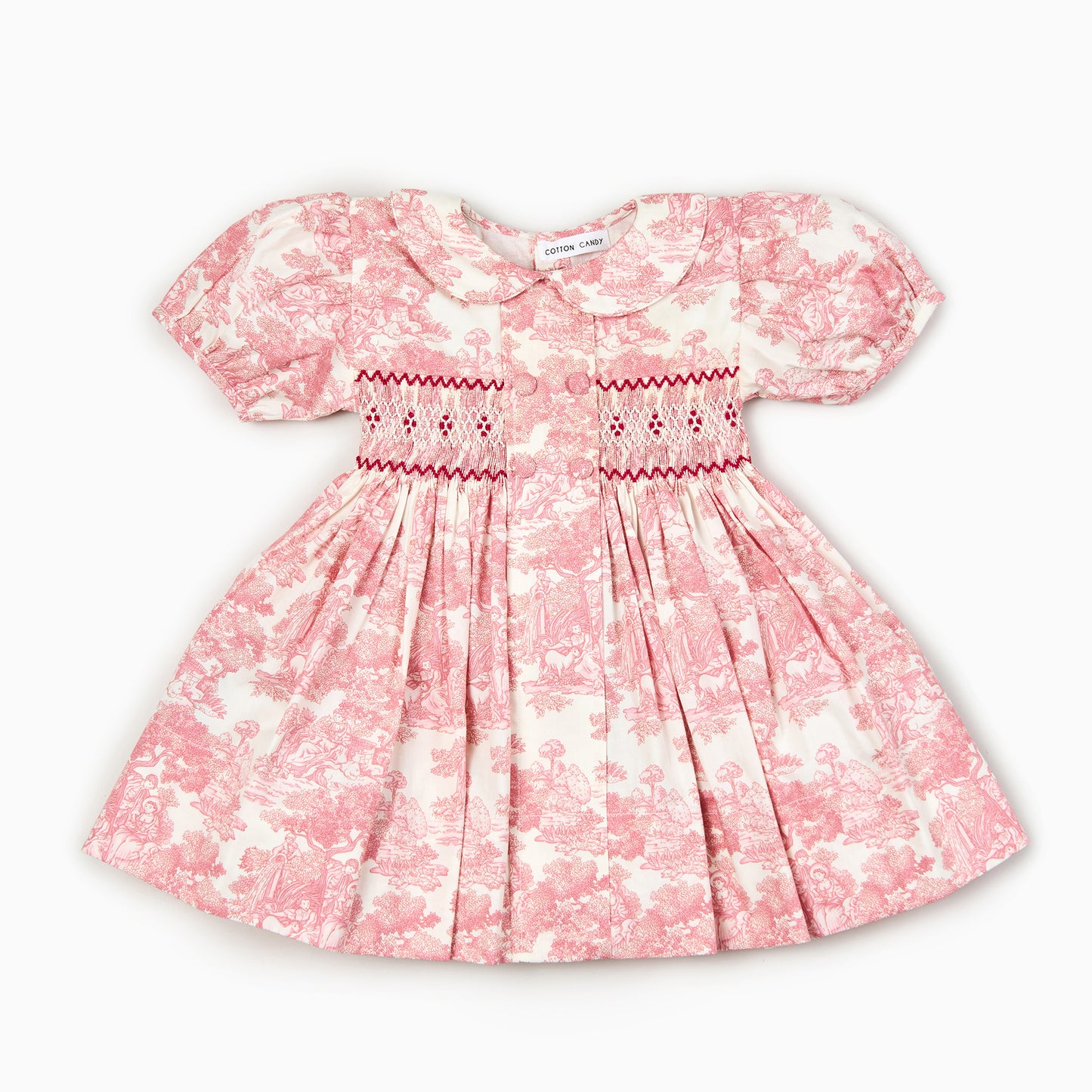 Toile de Jouy Kids Dress in Red-Hand smocked dress