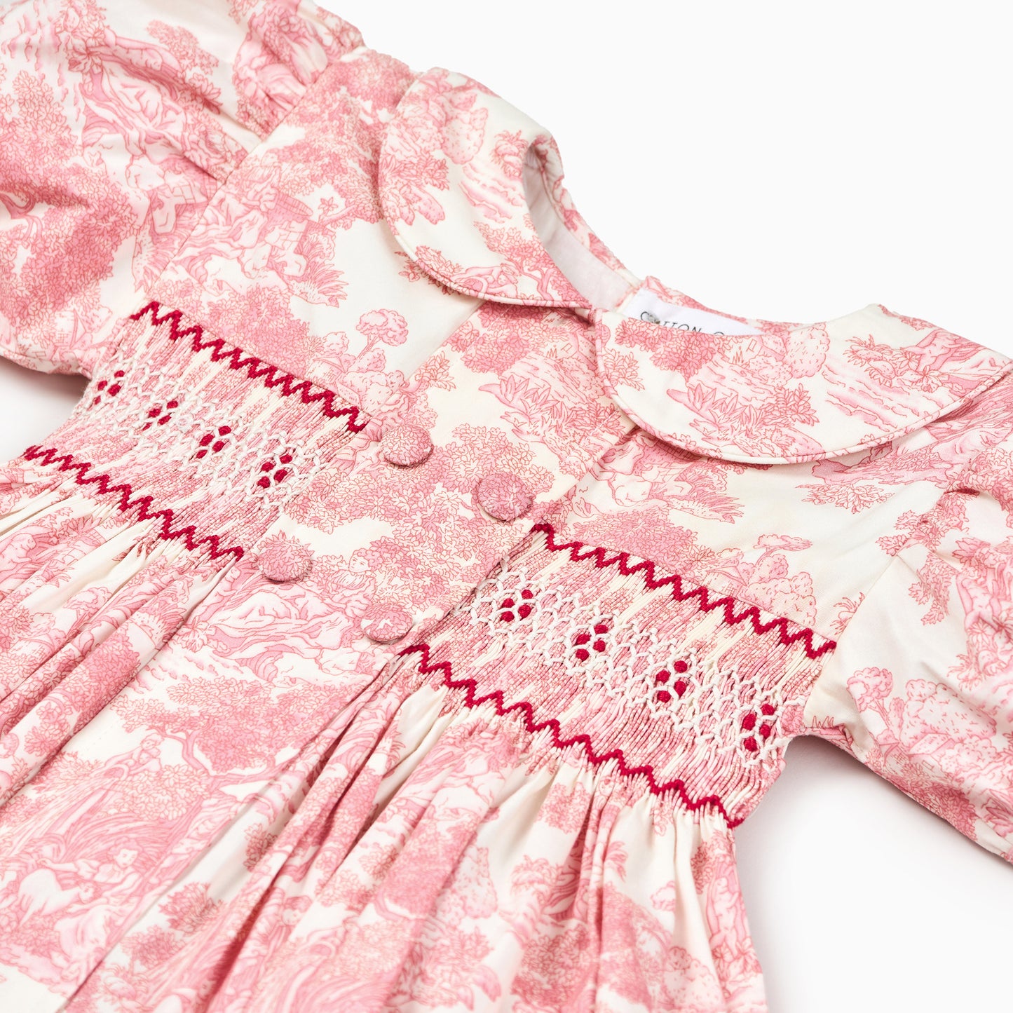 Toile de Jouy Kids Dress in Red-Hand smocked dress