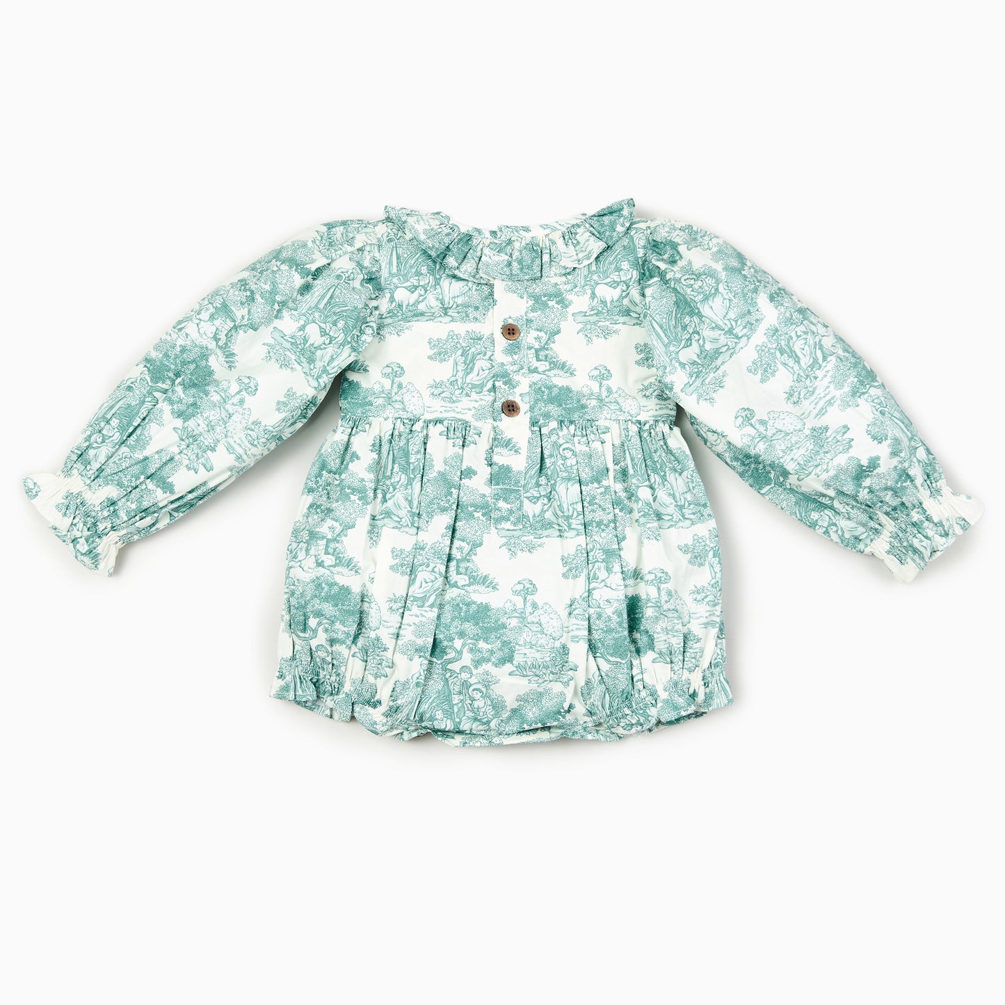 Country Toile Baby Romper in Green-Hand Smocked Romper