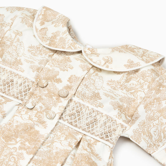 Toile de Jouy Baby Romper in Beige-Hand Smocked Romper