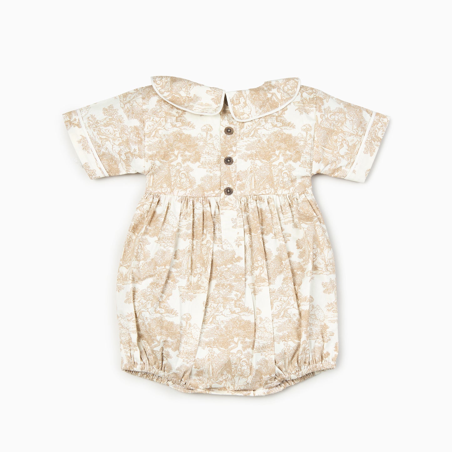 Toile de Jouy Baby Romper in Beige-Hand Smocked Romper