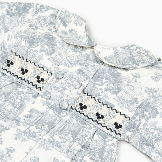 Toile de Jouy Baby Romper in Black-Hand Smocked Romper