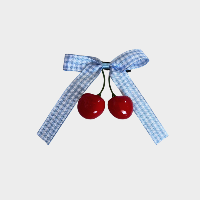 Cherry Hair Bow- Blue Gingham