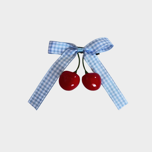 Cherry Hair Bow- Blue Gingham