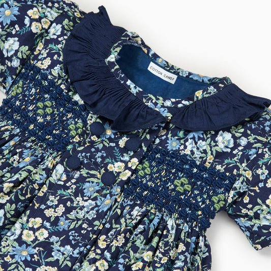 Floral Romper in Navy Blue - Hand smocked Baby Romper