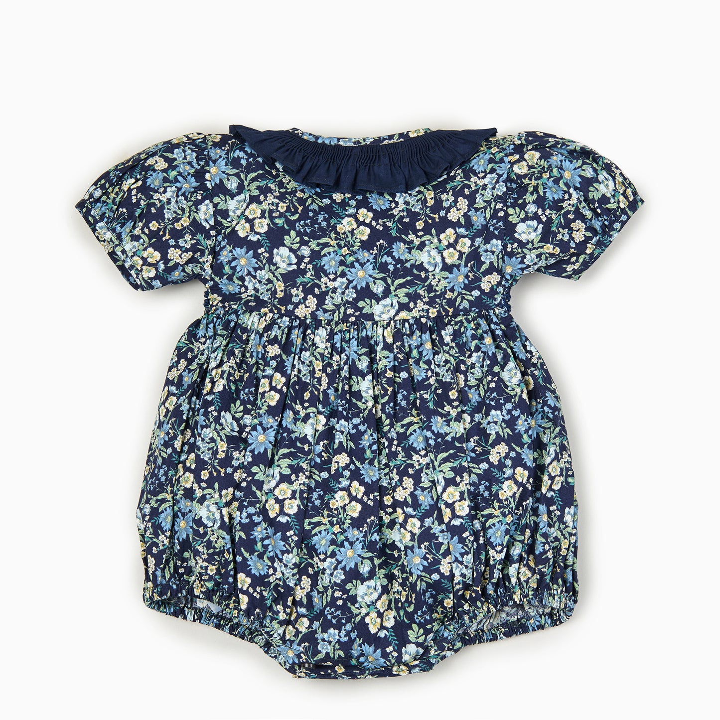 Floral Romper in Navy Blue - Hand smocked Baby Romper