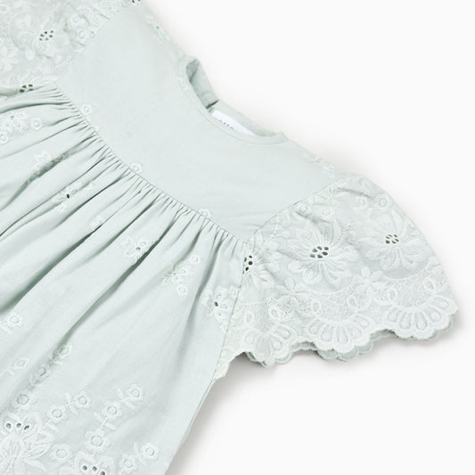 Schiffli Cut Work Cotton Dress in Mint