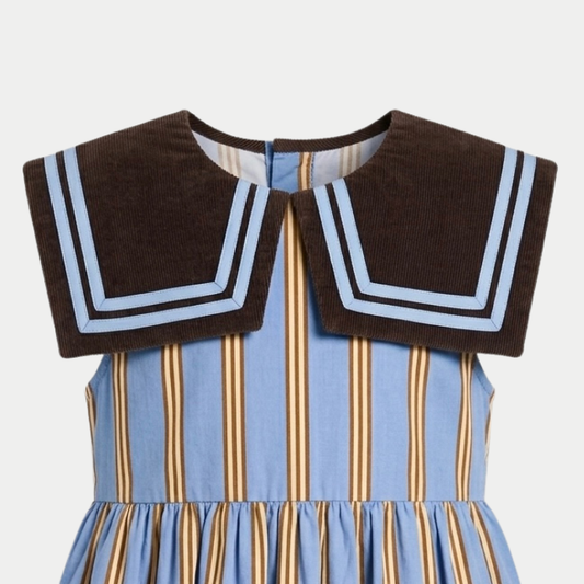 Nautical blue and brown stripe dress with a ribbed sailor collar bib.