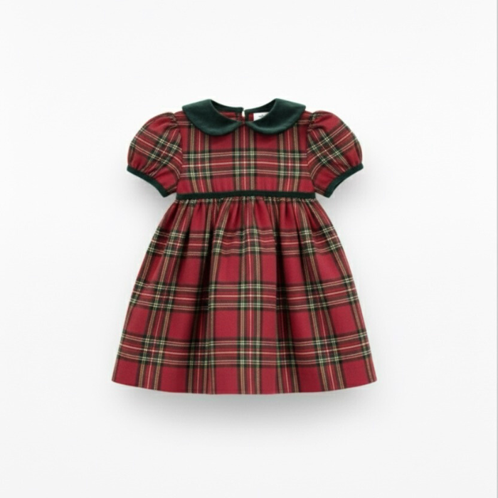 Classic Red Tartan Dress for Girls | Green Velvet Collar Holiday Dress
