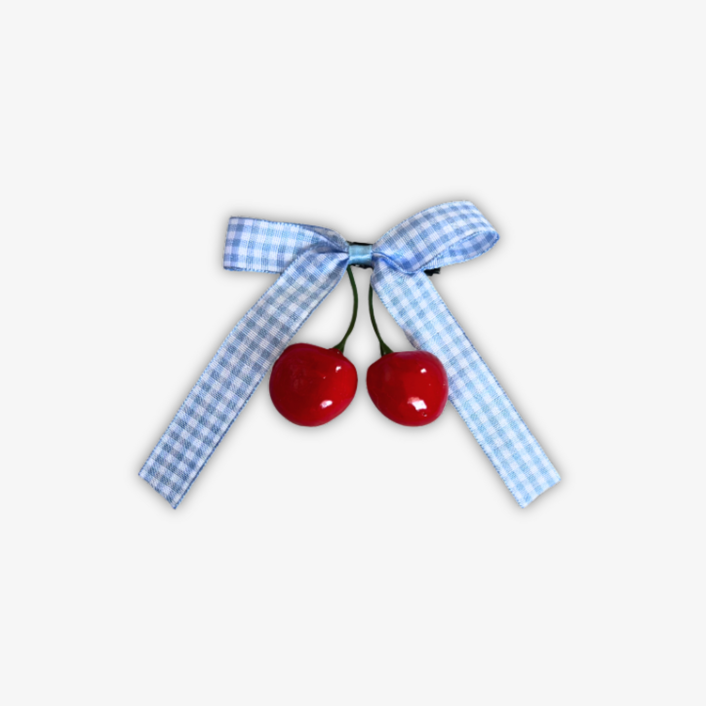 Cherry Hair Bow- Blue Gingham