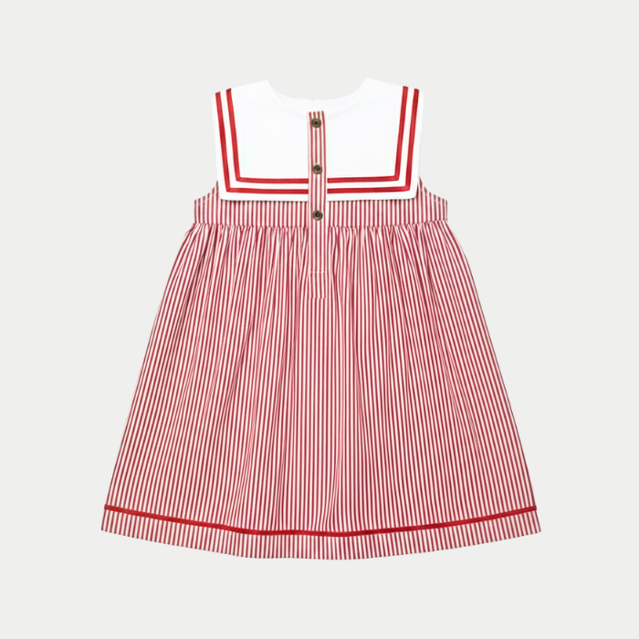 Red and white striped dress with a sailor collar on a light gray background