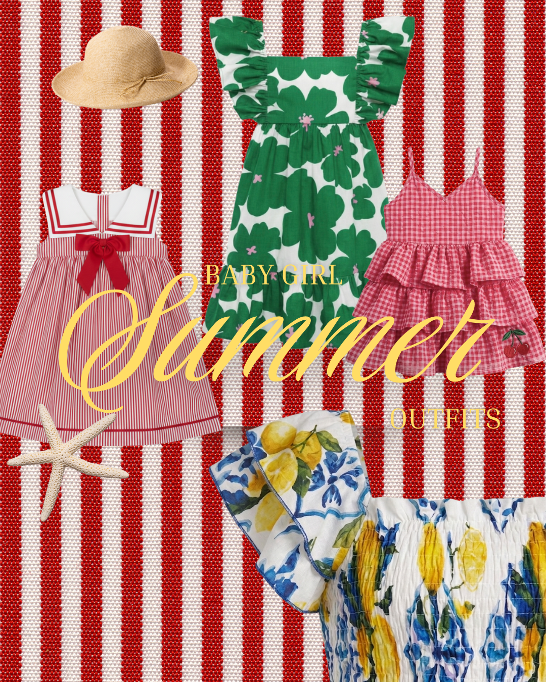 A flat-lay summer outfit collection for baby girls on a red and white striped woven blanket background. The collection includes a green and white leaf print dress, a pink and white gingham dress, a red and white striped dress with a red bow, a beige straw hat, a blue and yellow floral top, and a matching floral skirt.