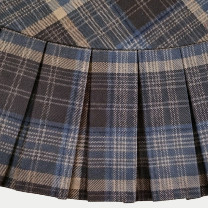 Close-up of a pleated skirt fabric with a blue and brown plaid pattern.