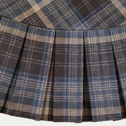 Close-up of a pleated skirt fabric with a blue and brown plaid pattern.