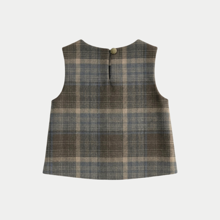 A sleeveless plaid vest or top shown from the back, featuring a muted brown, beige, and gray tartan pattern with a single button closure at the neckline, set against a light gray background.