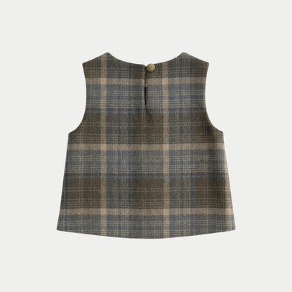 A sleeveless plaid vest or top shown from the back, featuring a muted brown, beige, and gray tartan pattern with a single button closure at the neckline, set against a light gray background.