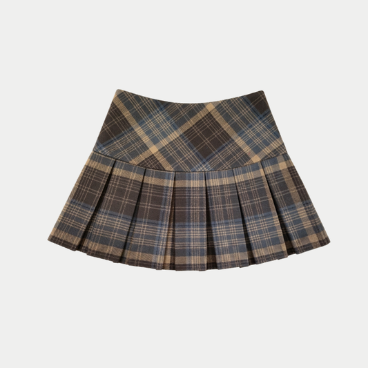 A pleated mini skirt with a classic plaid pattern in brown, beige, and blue, shown flat against a light gray background.