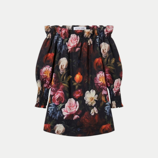 Baroque Rose floral patterned dress on a white background