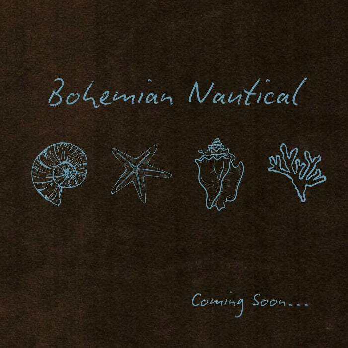 A dark brown textured background with the words 'Bohemian Nautical' in light blue script, four light blue line drawings of a nautilus shell, starfish, conch shell, and coral, and 'Coming Soon.