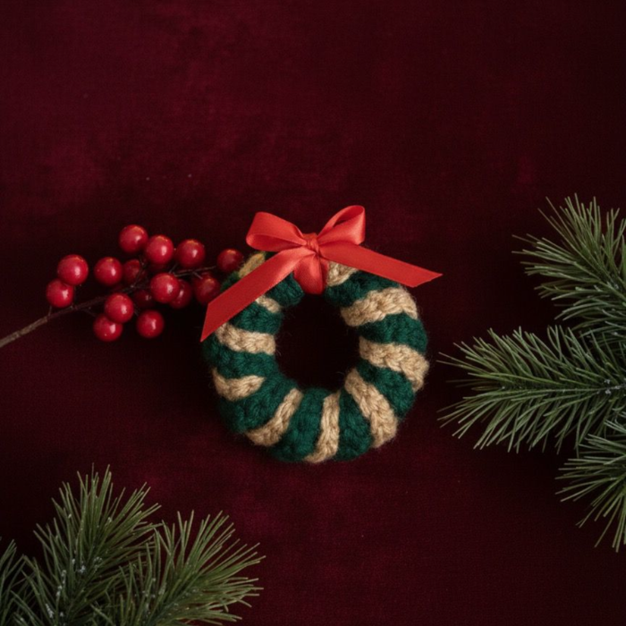 Small crocheted Christmas wreath with a red ribbon on a dark background