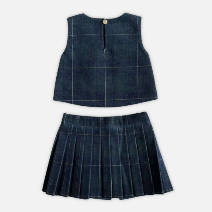 Blue plaid vest and pleated skirt set on a light gray background