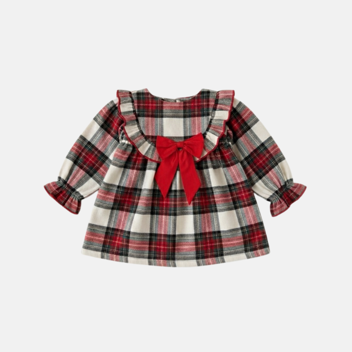 Plaid dress with a red bow on a white background