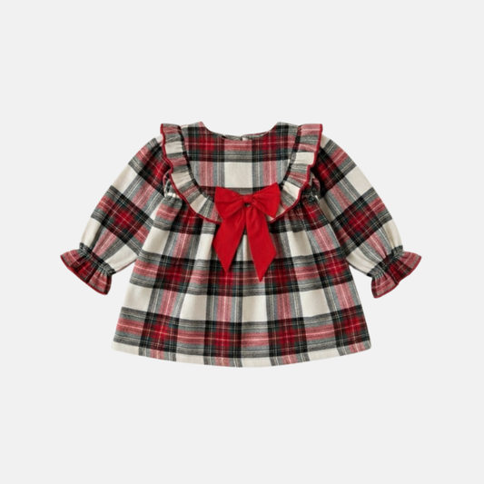 Plaid dress with a red bow on a white background
