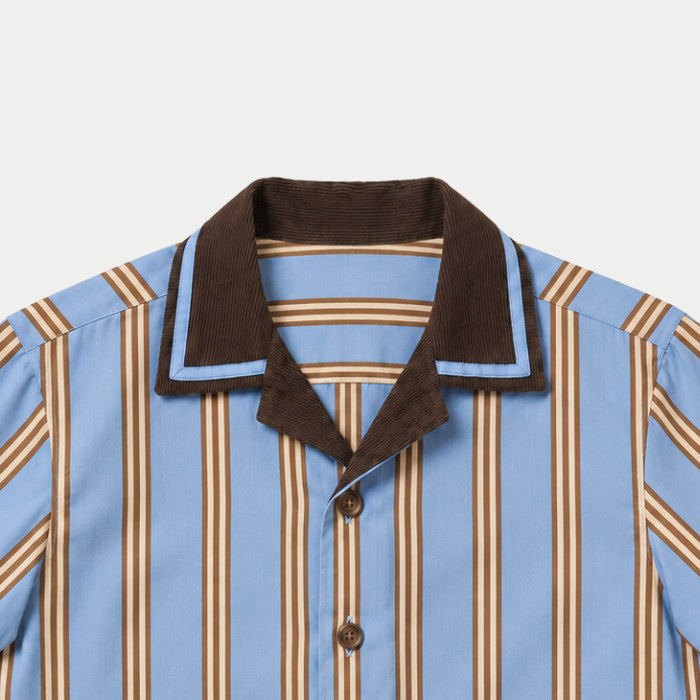Nautical blue and brown striped shirt with lapel collar