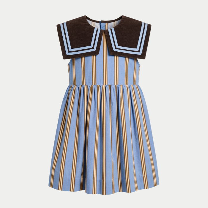 Nautical blue and brown stripe dress with a ribbed sailor collar bib.
