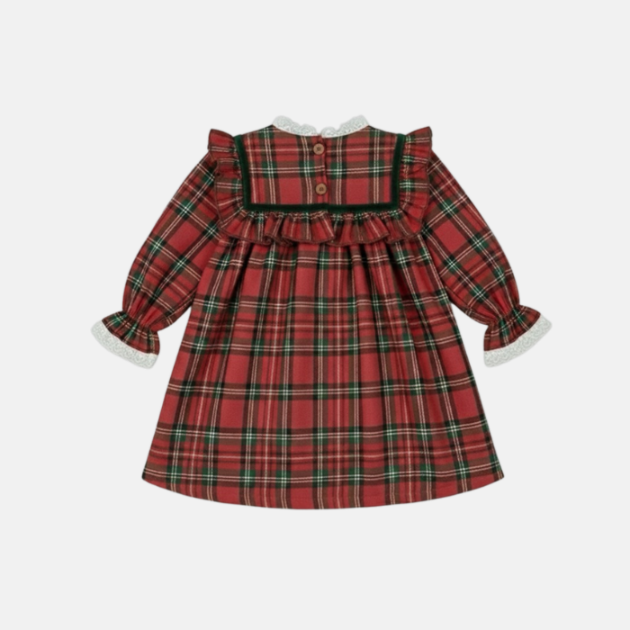 Red plaid dress with lace collar on a light gray background