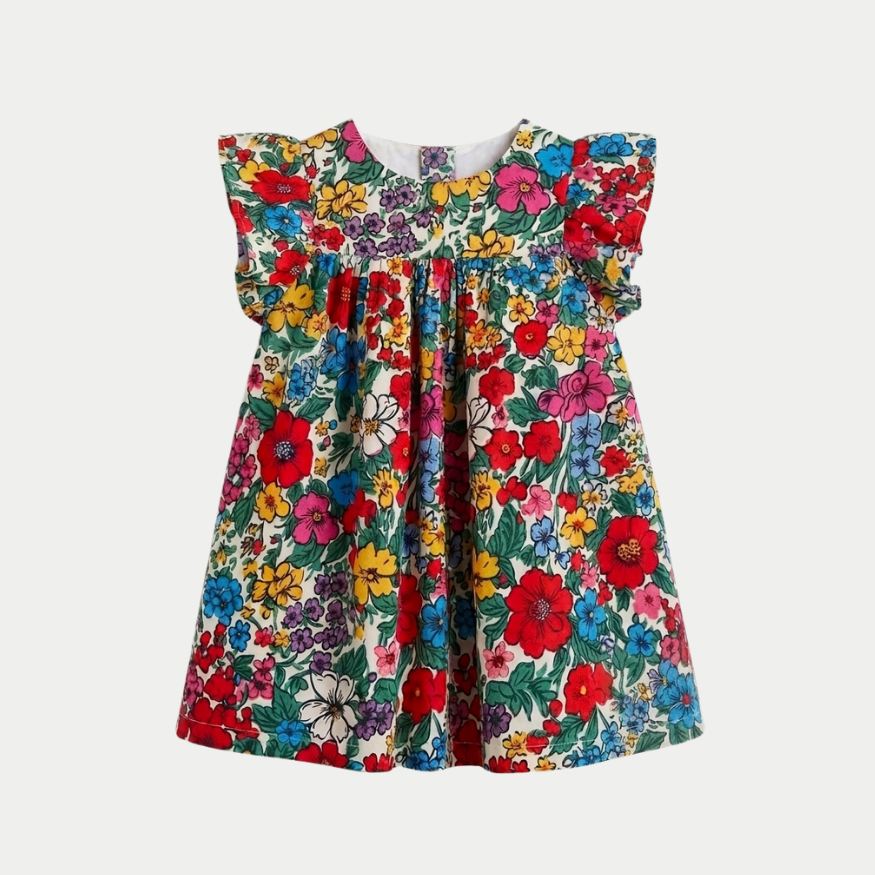 A toddler girl's dress featuring a vibrant, dense floral print with red, yellow, blue, and purple flowers on a cream background, complete with ruffled cap sleeves.