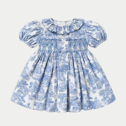 Toile de jouy hand smocked Dress in Blue