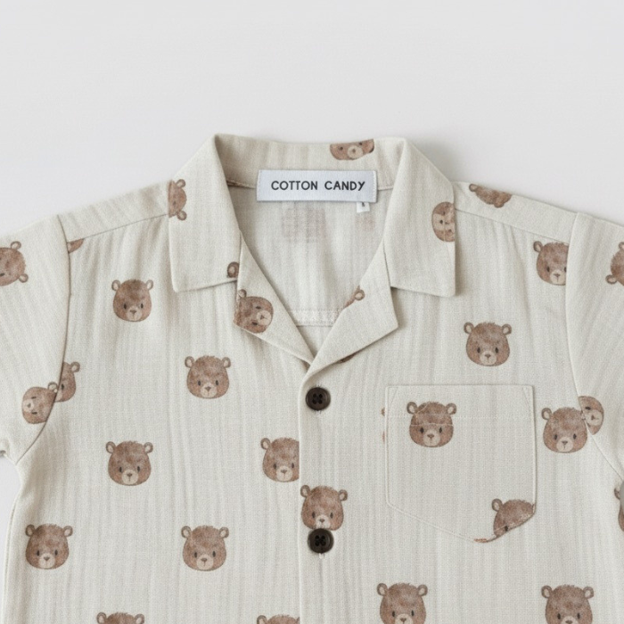 Beige co-ord with teddy pattern and 'Cotton Candy' label on a white background
