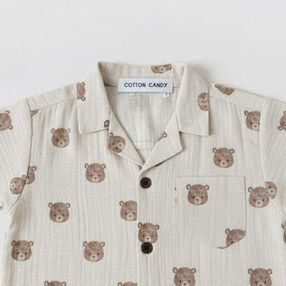 Beige co-ord with teddy pattern and 'Cotton Candy' label on a white background
