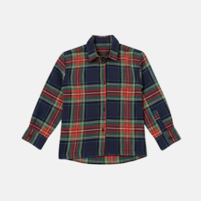 Plaid shirt with red, green, and blue pattern on a white background