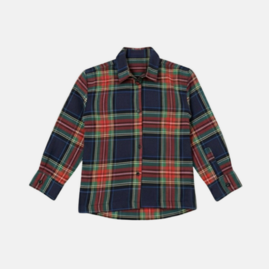Plaid shirt with red, green, and blue pattern on a white background