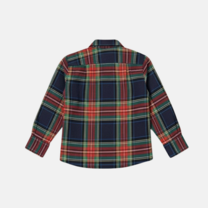 Plaid shirt with red, green, and blue pattern on a white background