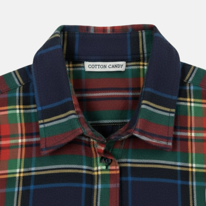 Plaid shirt with a visible brand label on a white background