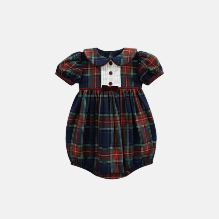 Plaid baby romper with a collar on a white background