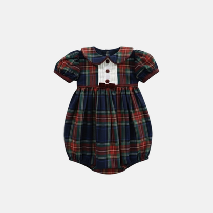 Plaid baby romper with a collar on a white background