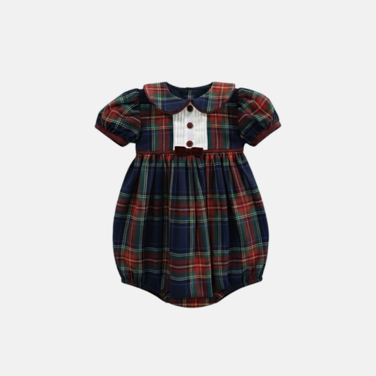 Plaid baby romper with a collar on a white background