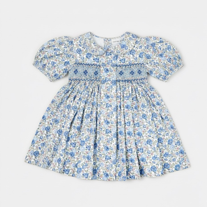 Ditsy Blue Roses Hand-Smocked Dress