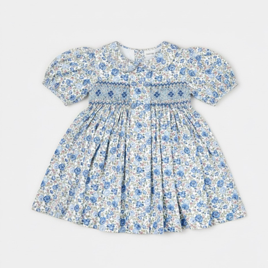 Ditsy Blue Roses Hand-Smocked Dress