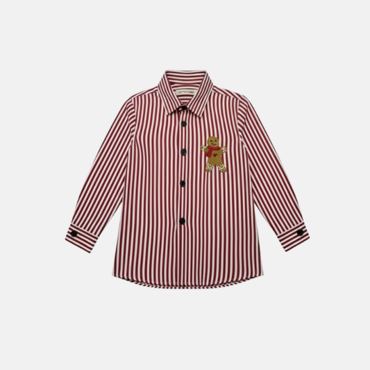 Red and white striped shirt with a gingerbread man embroidery patch on a light gray background