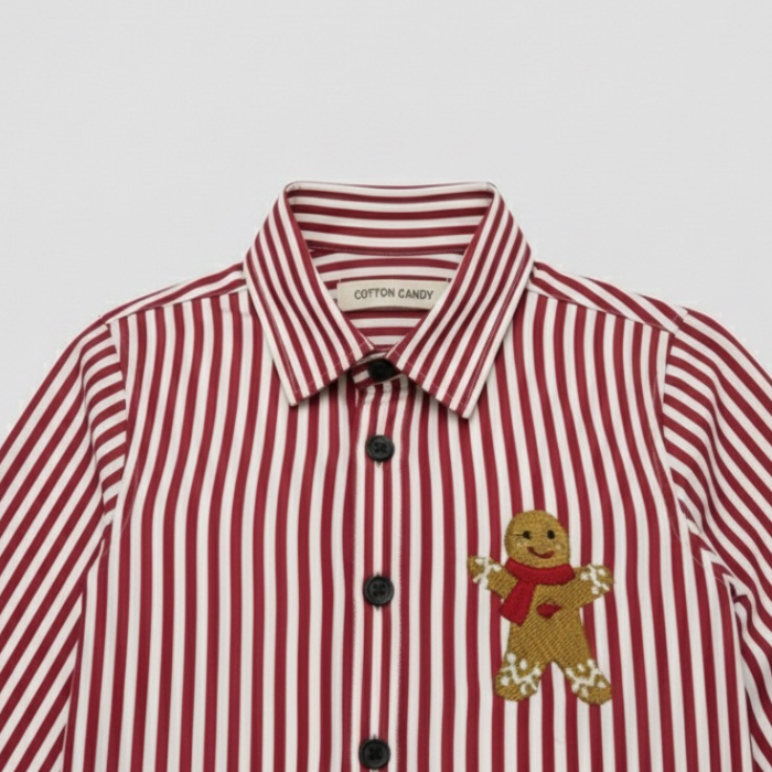 Red and white striped shirt with a gingerbread man embroidery patch on a light gray background