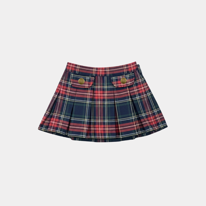 Plaid skirt with button details on a light gray background