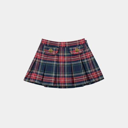 Plaid skirt with button details on a light gray background