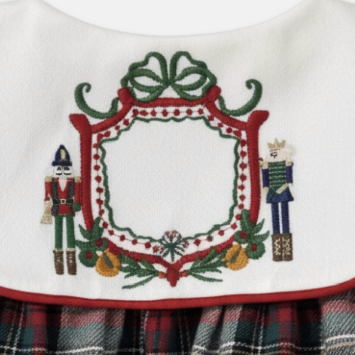 Embroidered design on a white fabric with nutcrackers and a wreath, featuring red, green, and blue colors.