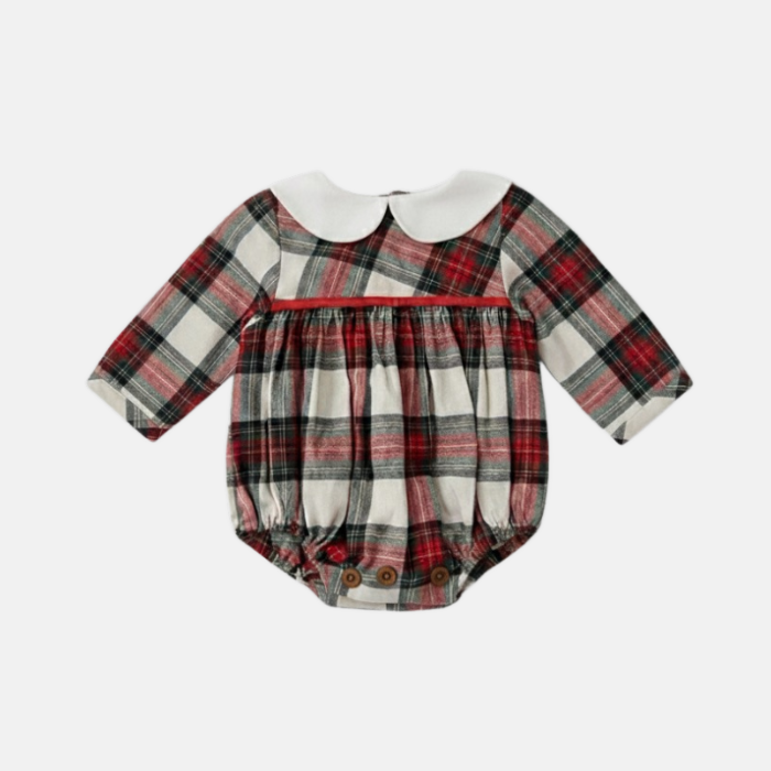 Plaid baby romper with white collar on a light gray background