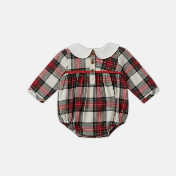 Plaid baby romper with a white collar on a white background